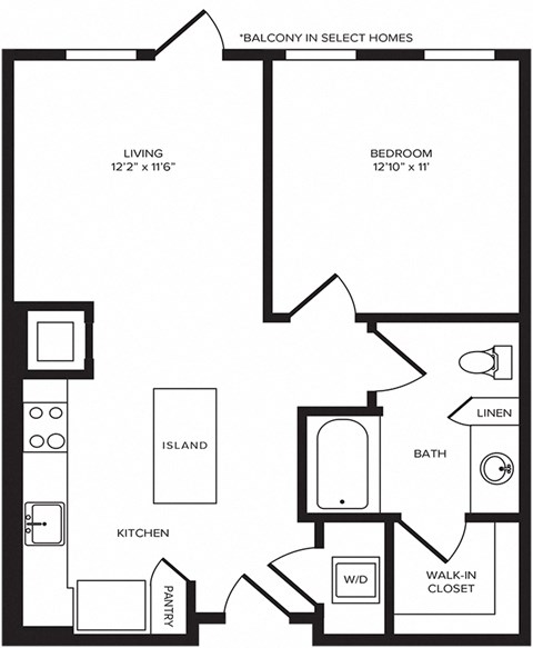 Floor plan for 1 bed, 1 bath, 692 sqft